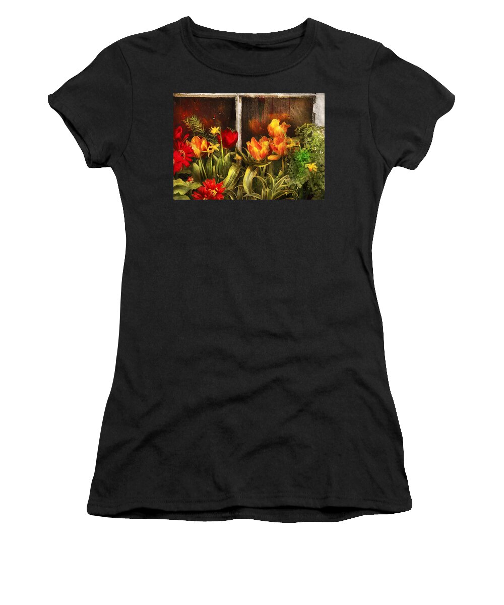 Savad Women's T-Shirt featuring the photograph Flower - Tulip - Tulips in a window by Mike Savad