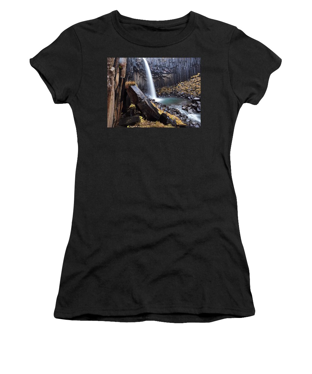 Waterfall Women's T-Shirt featuring the photograph Flowing through basalt rocks II by Matteo Colombo