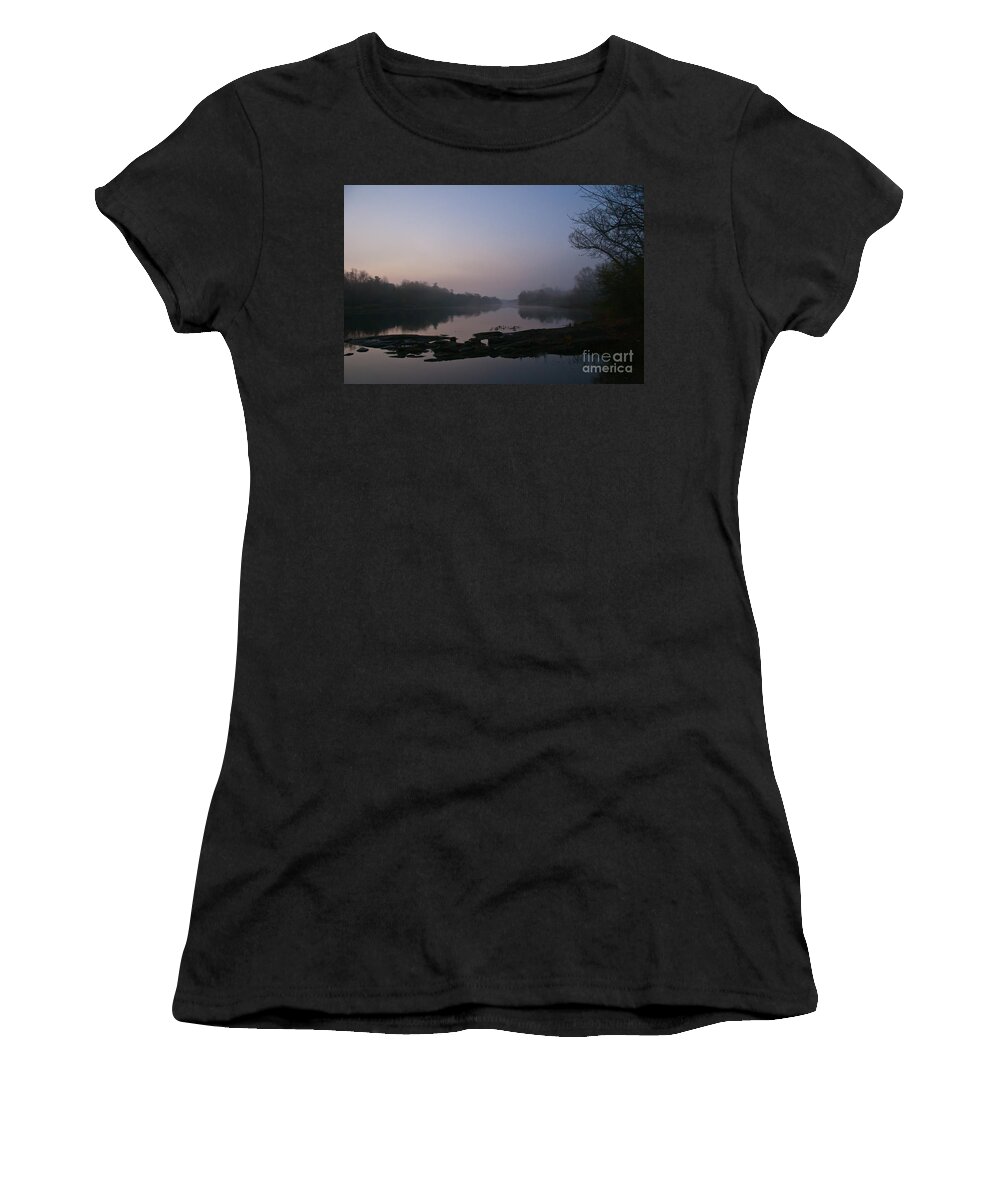 Landscapes Women's T-Shirt featuring the photograph Foggy Morning on the River by Cheryl Baxter