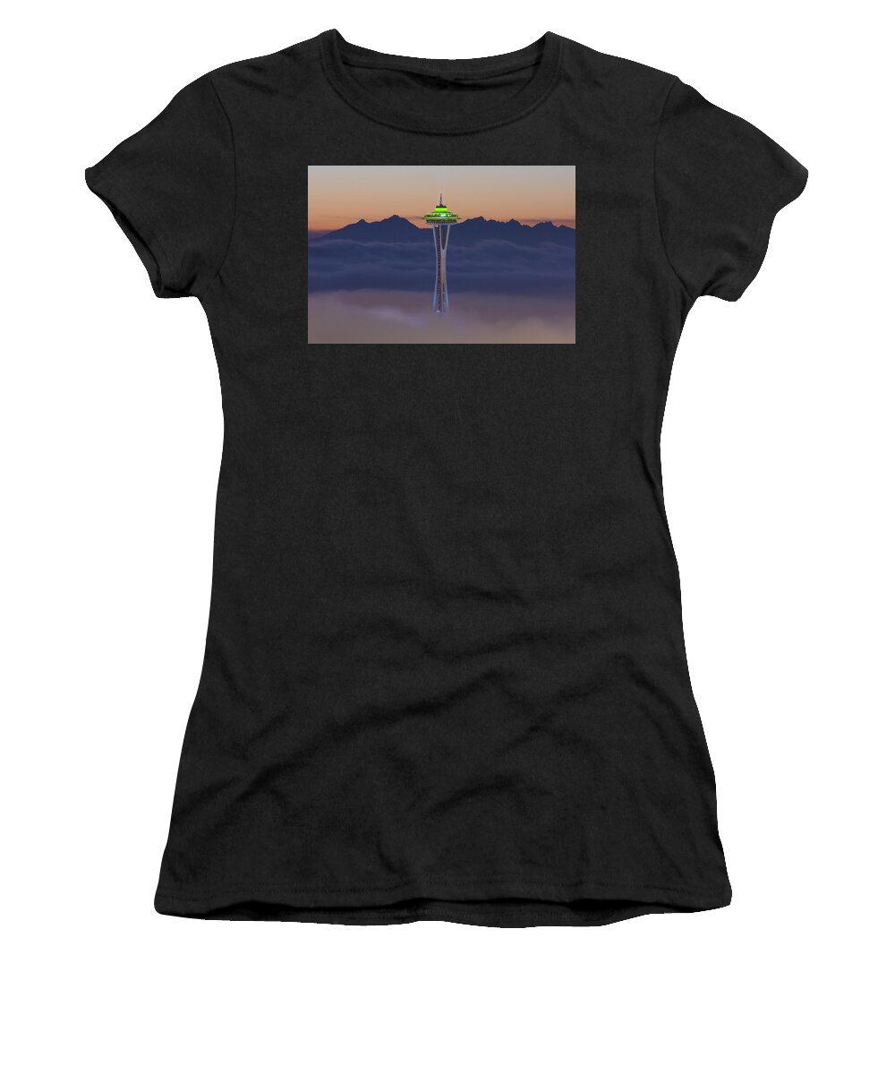 Seattle Women's T-Shirt featuring the photograph Foggy Space Needle at Sunset by Matt McDonald