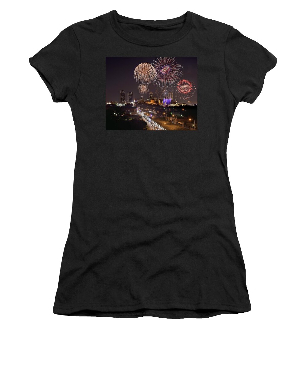  Women's T-Shirt featuring the photograph Fort Worth Skyline At Night Fireworks Color Evening Ft. Worth Texas by Jon Holiday