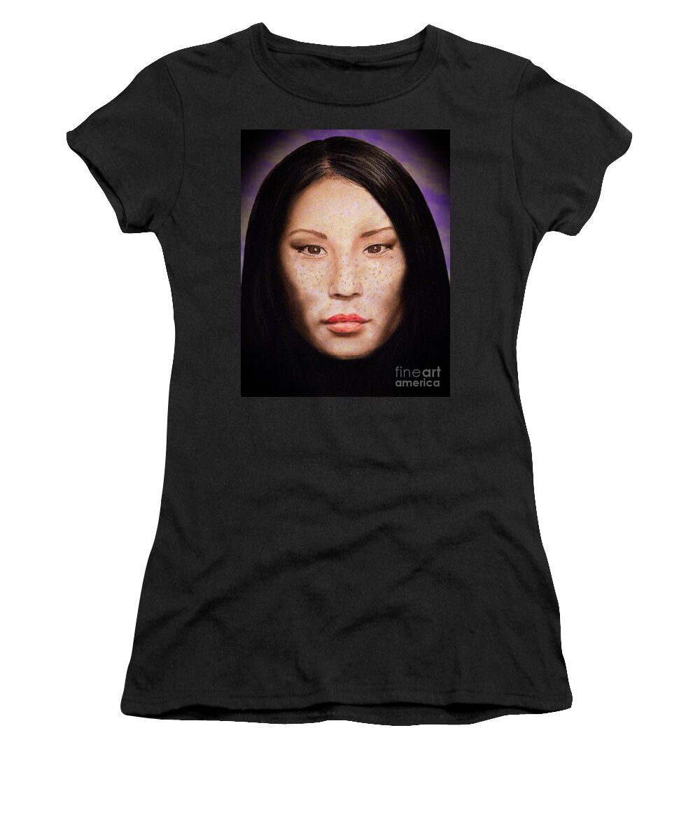 Drawing Women's T-Shirt featuring the drawing Freckle Faced Beauty Lucy Liu III Altered Version by Jim Fitzpatrick