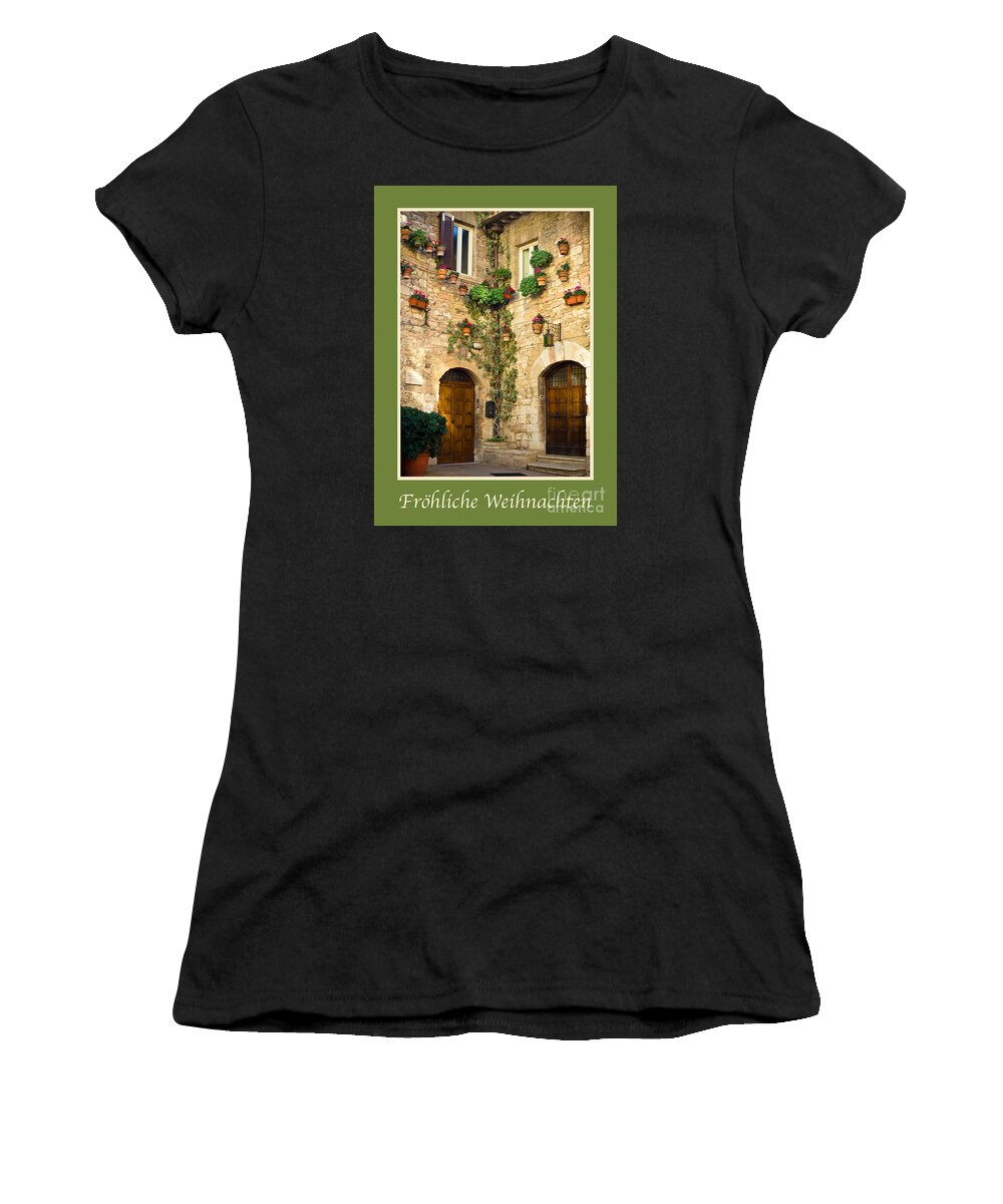 German Women's T-Shirt featuring the photograph Frohliche Weihnachten with a Corner of Assisi by Prints of Italy