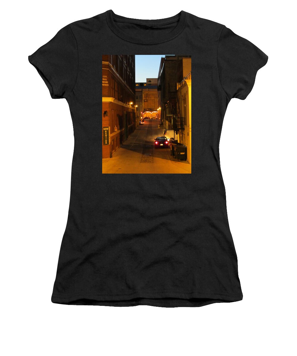 Milwaukee Women's T-Shirt featuring the photograph Front Street Alley Night by Anita Burgermeister