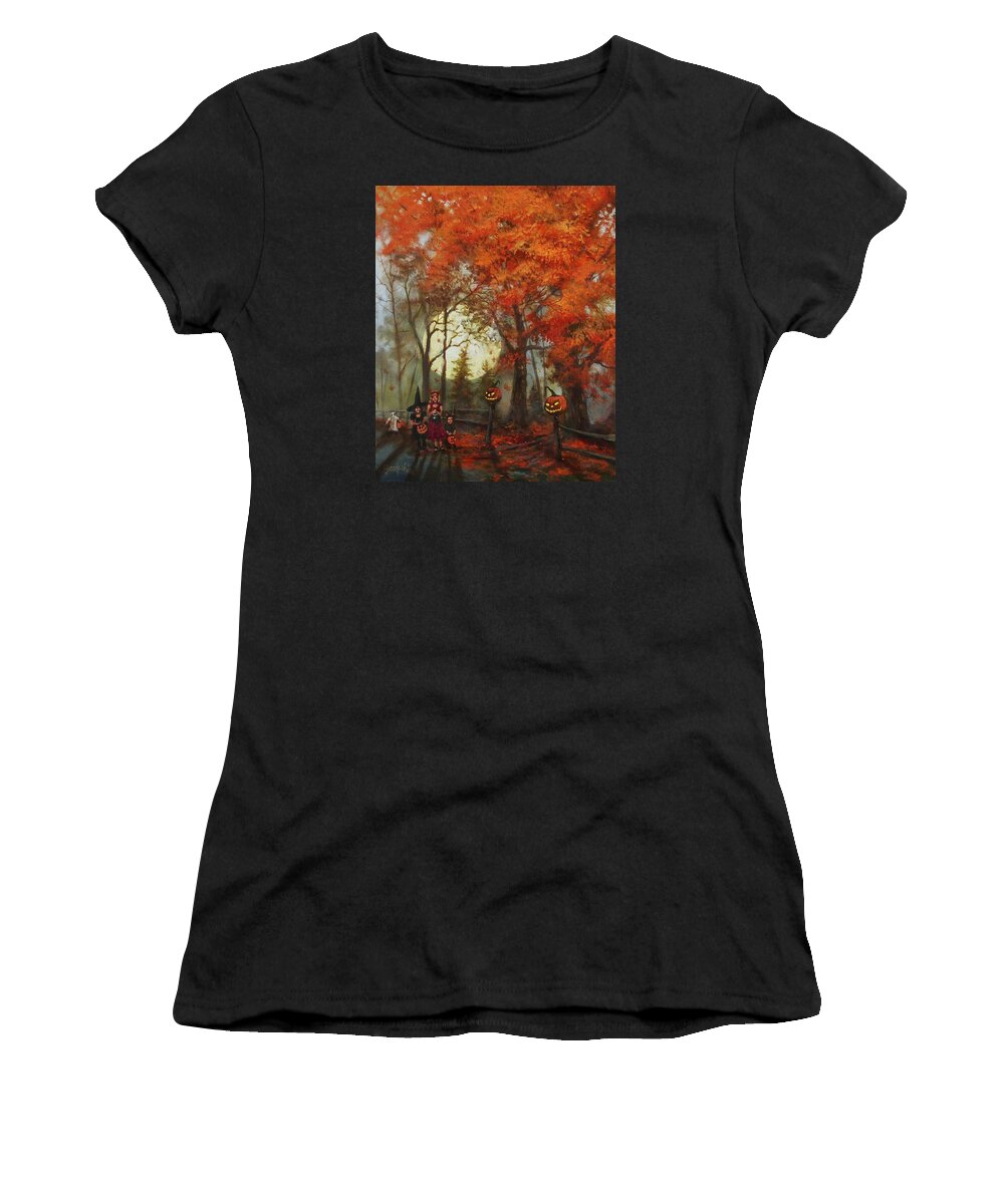  Autumn Women's T-Shirt featuring the painting Full Moon on Halloween Lane by Tom Shropshire