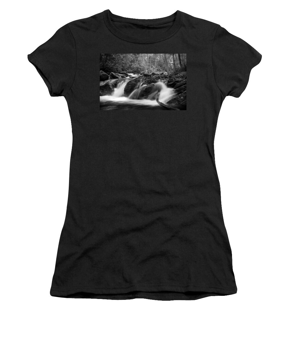 Waterfall Women's T-Shirt featuring the photograph Georgia Mountain Water in Black and White by Greg and Chrystal Mimbs