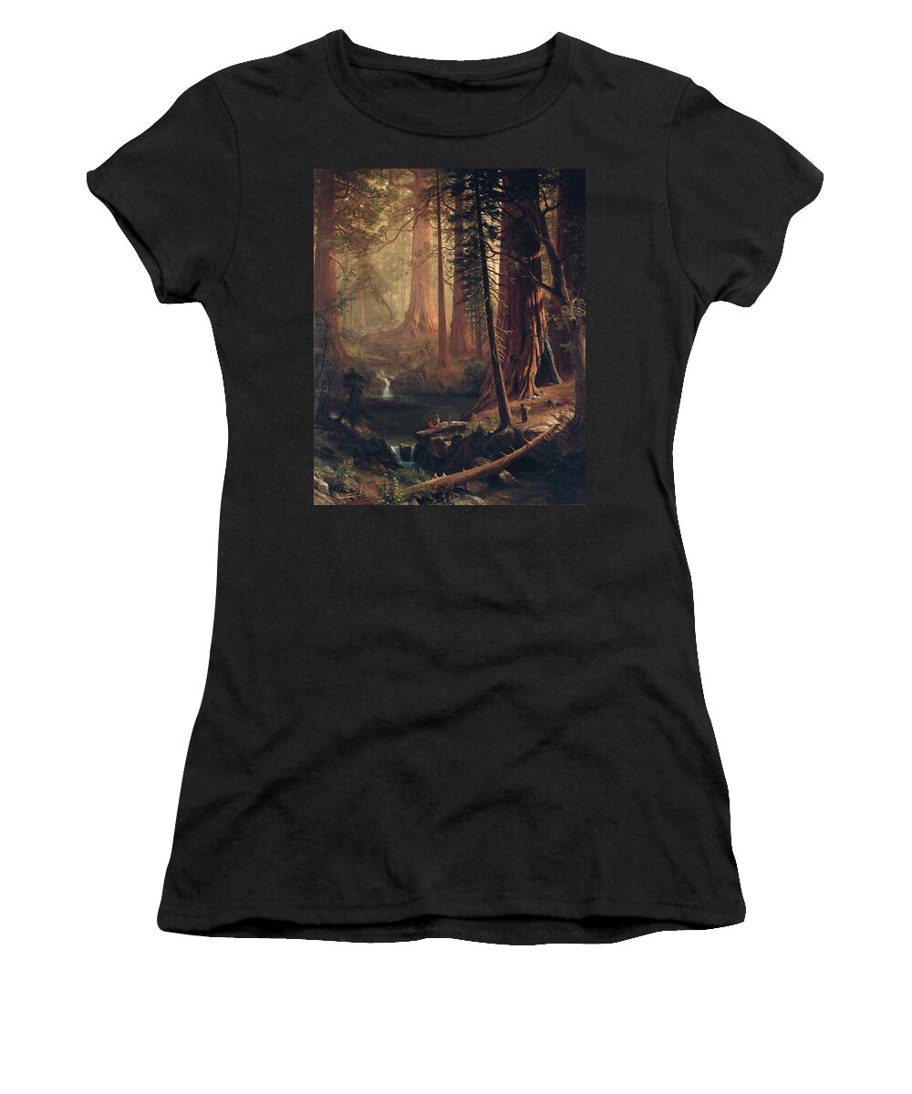  Albert Bierstadt Women's T-Shirt featuring the painting Giant Redwood Trees of California by Albert Bierstadt