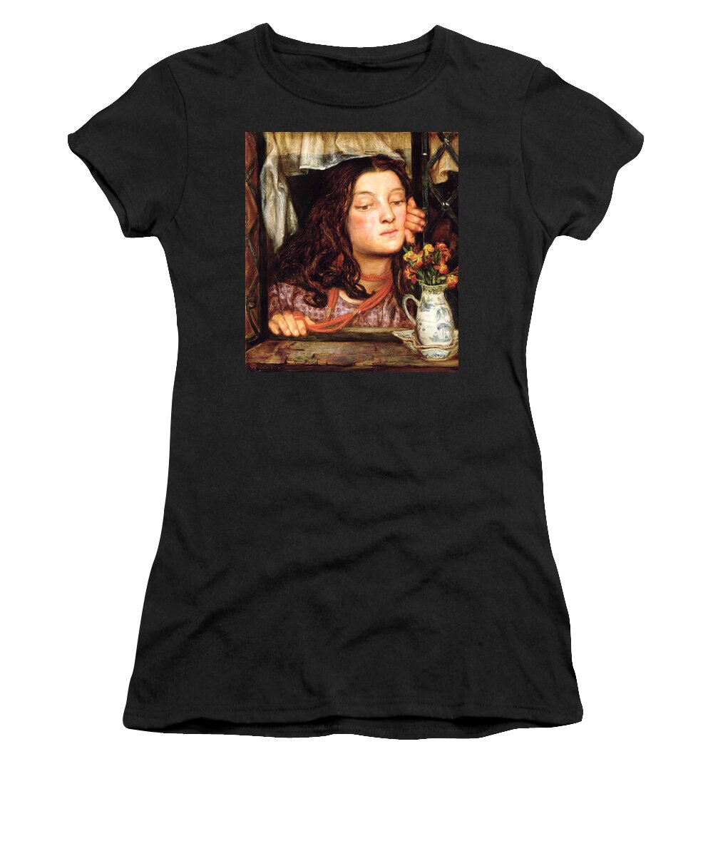 Wall Flowers Women's T-Shirt featuring the painting Girl At A Lattice, 1862 by Dante Gabriel Charles Rossetti