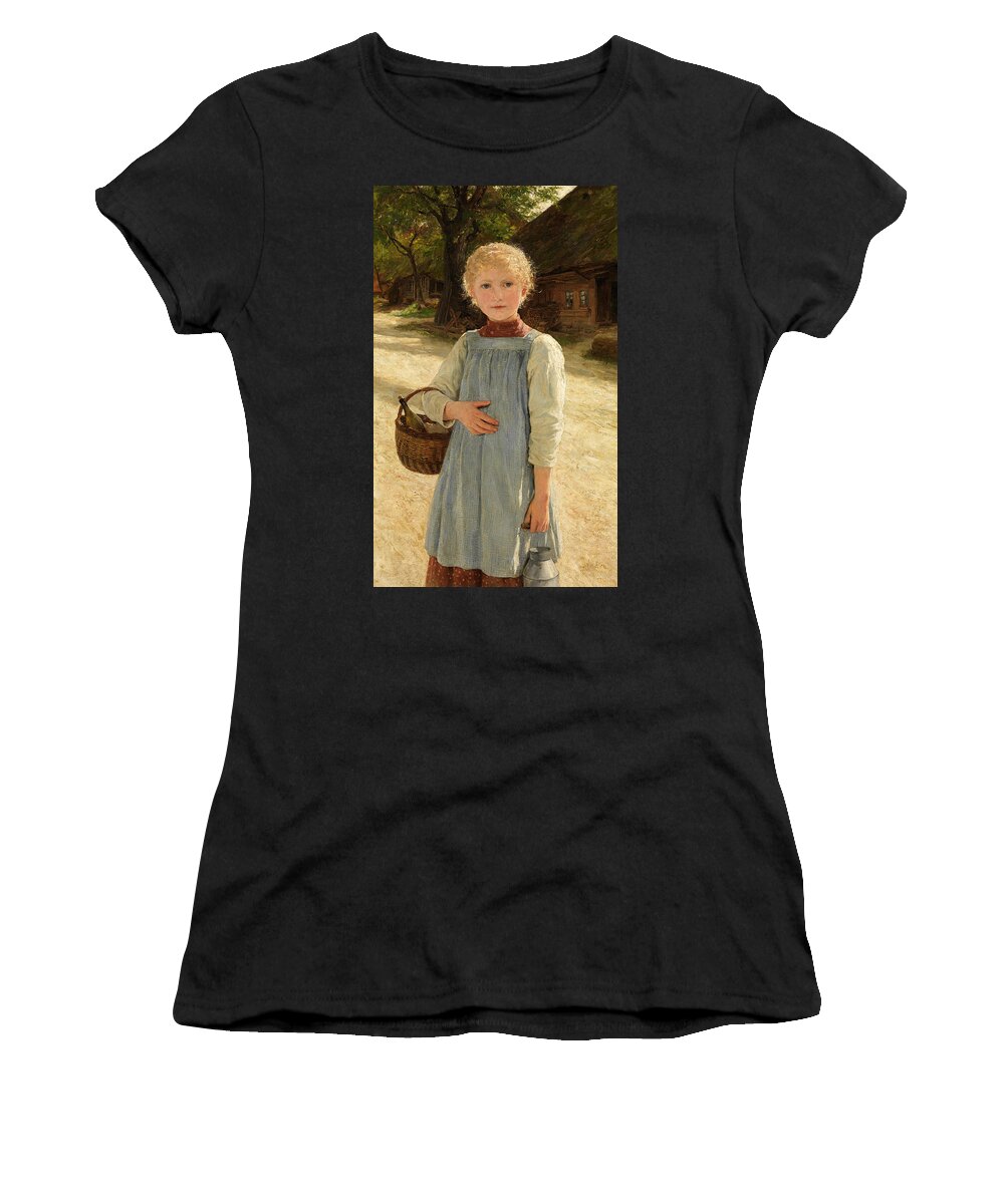 Albert Anker Women's T-Shirt featuring the painting Girl with milk jug and basket by Albert Anker