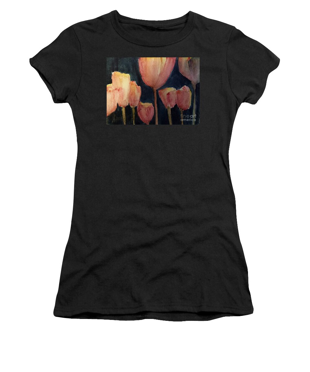 Floral Women's T-Shirt featuring the painting Glowing Tulips by Sherry Harradence