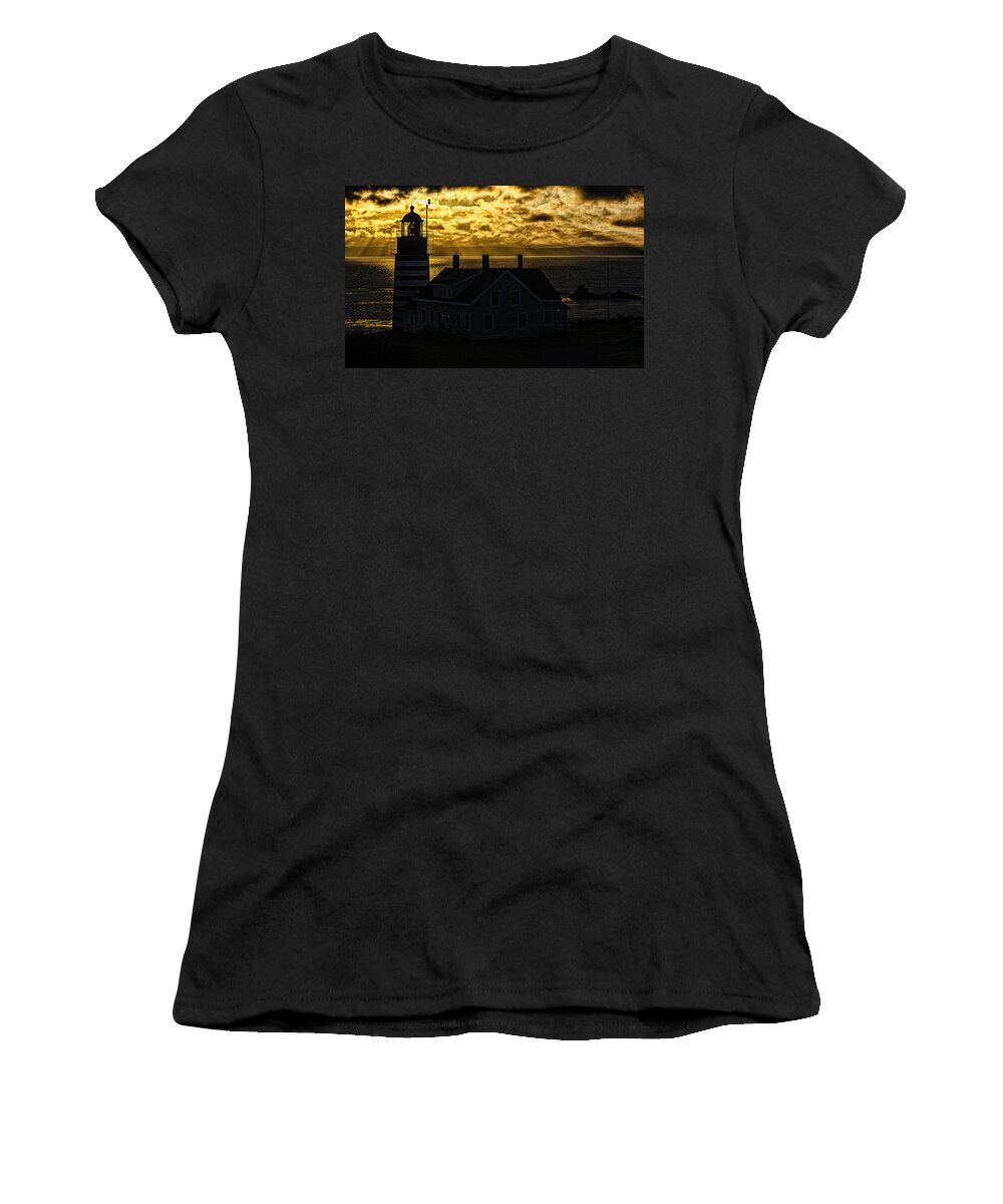 Golden Light Women's T-Shirt featuring the photograph Golden Backlit West Quoddy Head Lighthouse by Marty Saccone