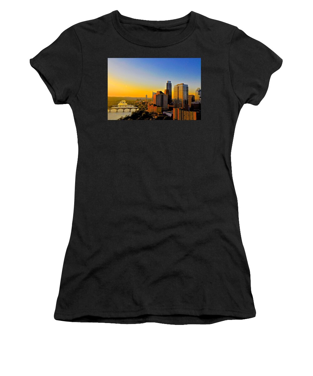 Downtown Austin Women's T-Shirt featuring the photograph Golden Sunset in Austin Texas by Kristina Deane