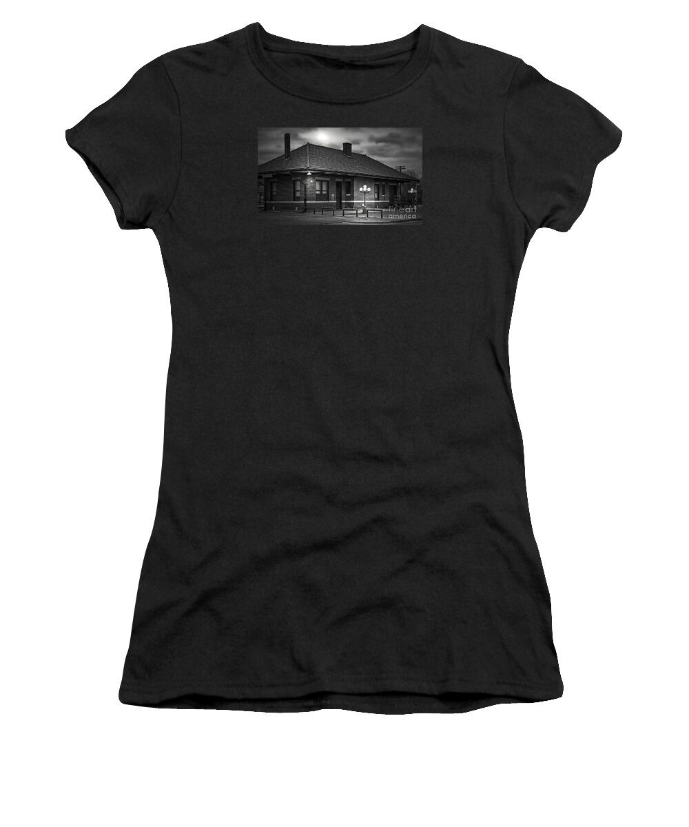 Rail Women's T-Shirt featuring the photograph Train Depot At Night - Noir by Robert Frederick