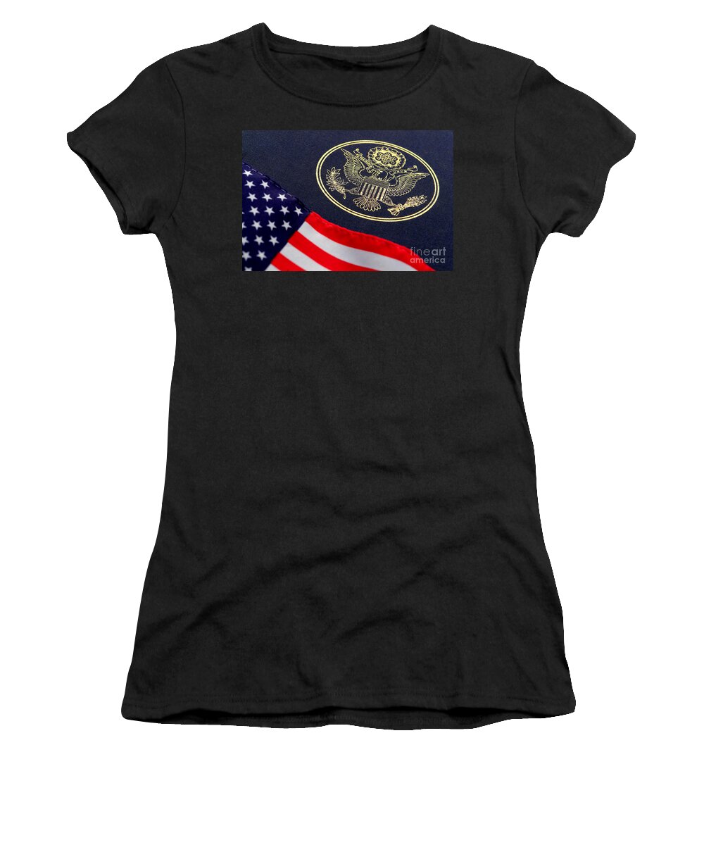 Flag Women's T-Shirt featuring the photograph Great Seal of the United States and American Flag by Olivier Le Queinec