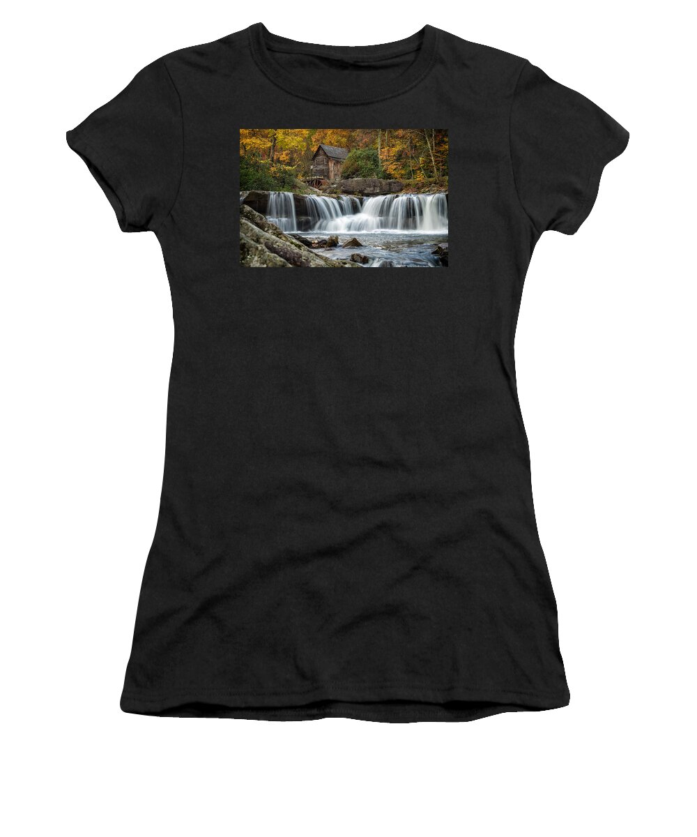 Babcock State Park Women's T-Shirt featuring the photograph Grist Mill with Vibrant Fall Colors by Lori Coleman