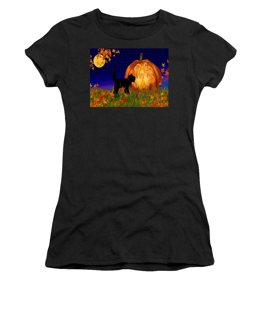 Halloween Women's T-Shirt featuring the painting Halloween Black Cat Meets The Giant Pumpkin by Michele Avanti