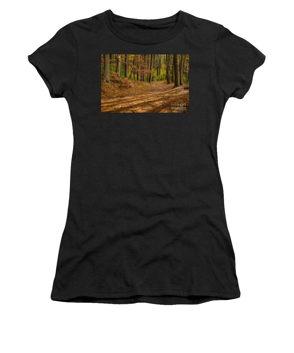 Harold Women's T-Shirt featuring the photograph Harold Parker State Forest path by Pat Lucas