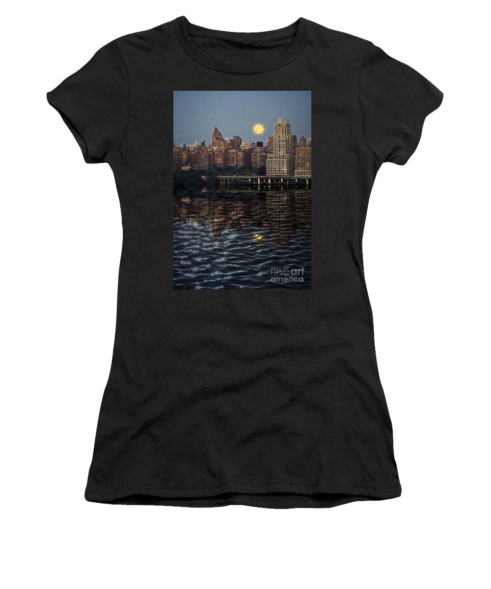 Harvest Moon Women's T-Shirt featuring the photograph Harvest Moon Over Westside Highway NYC by Lilliana Mendez