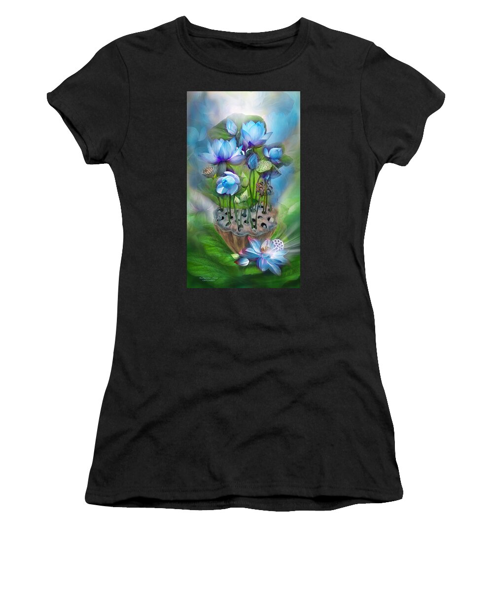 Lotus Women's T-Shirt featuring the mixed media Healing Lotus - Throat by Carol Cavalaris