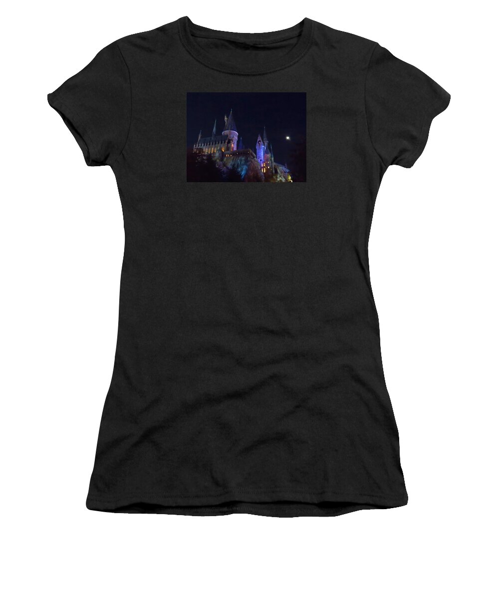 Kathy Long Women's T-Shirt featuring the photograph Hogwarts Castle at Night by Kathy Long