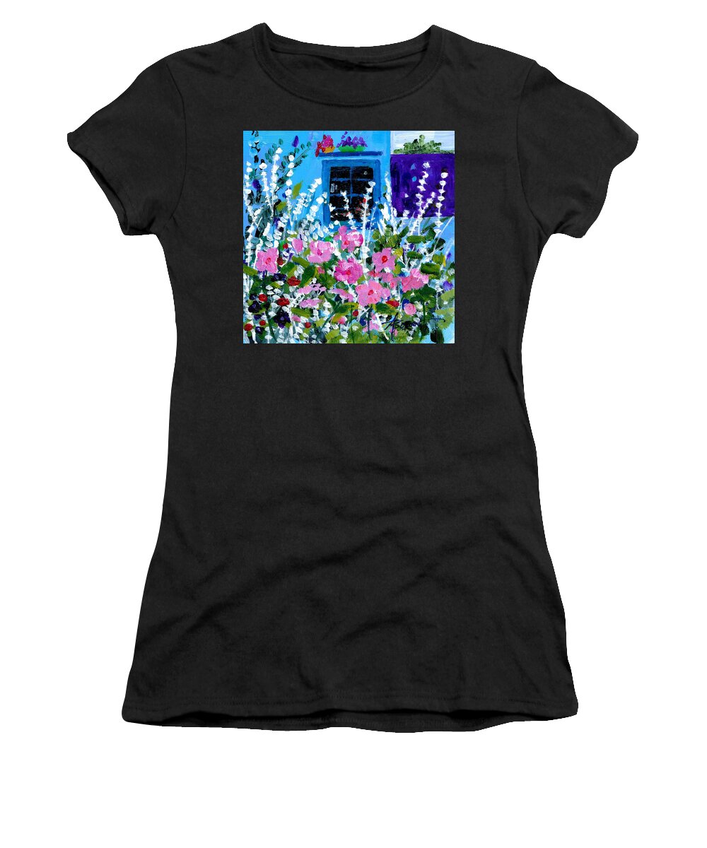 Flowers Women's T-Shirt featuring the painting Hollyhock Alley by Adele Bower