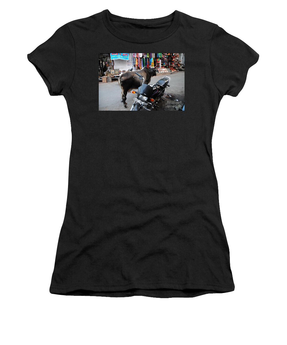 India Women's T-Shirt featuring the photograph Holy Cow and Motorcycle by Jacqueline M Lewis