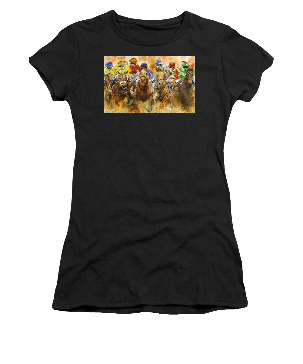 Horse Racing Women's T-Shirt featuring the painting Horse Racing Abstract by Lourry Legarde
