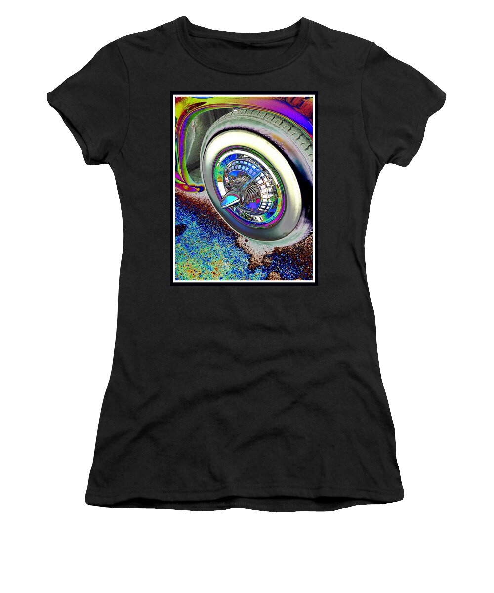 Vintage Car Hubcap And Whitewall Retro .photograph Digitally Enhanced Colorful Women's T-Shirt featuring the digital art Hubcap and whitewall vintage by Priscilla Batzell Expressionist Art Studio Gallery