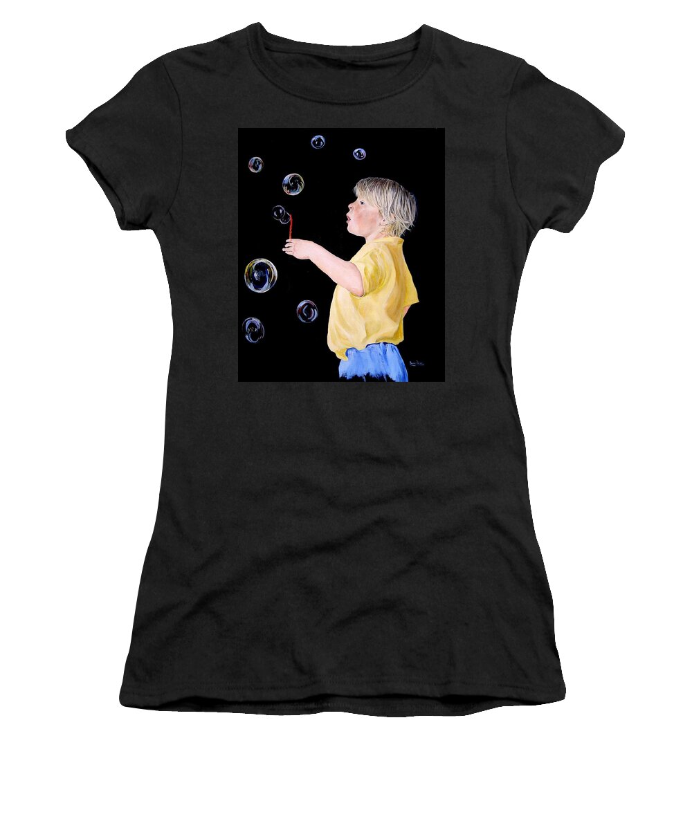 Bubbles Women's T-Shirt featuring the painting I'm Forever Blowing Bubbles by Barry BLAKE