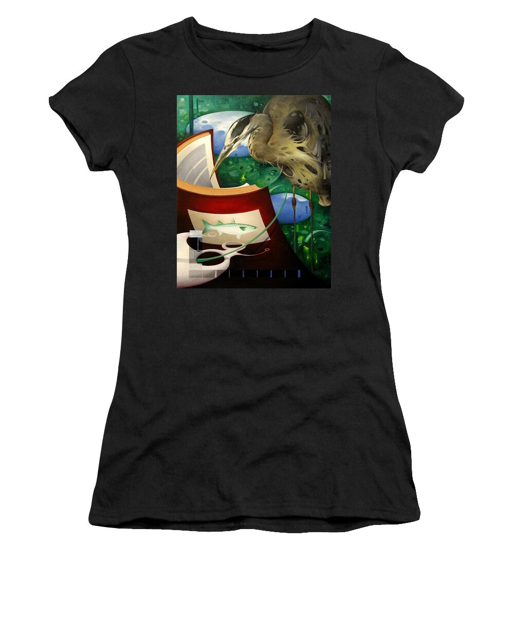 Heron Women's T-Shirt featuring the painting It's Hard To Put Down a Good Book by T S Carson