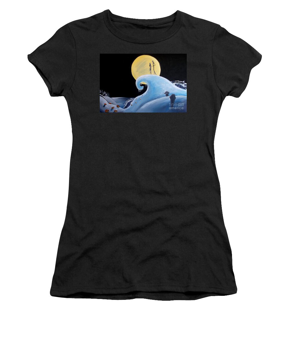 Marisela Mungia Women's T-Shirt featuring the painting Jack and Sally Snowy Hill by Marisela Mungia