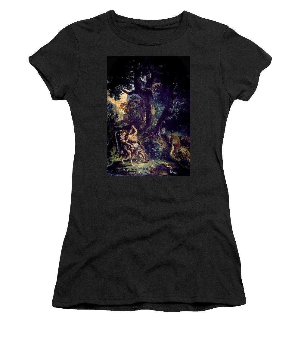 Eugene Delacroix Women's T-Shirt featuring the painting Jacob Wrestling the Angel by Eugene Delacroix