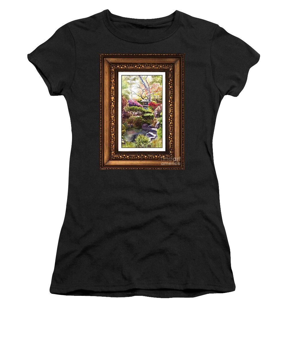 Japanese Gaden Women's T-Shirt featuring the painting Japanese Garden In Vintage Frame by Irina Sztukowski