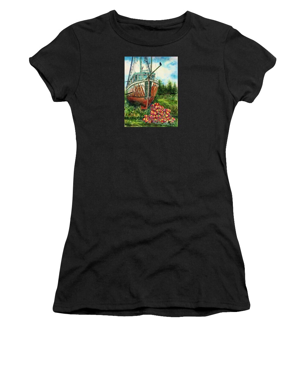 Cynthia Pride Watercolor Paintings Women's T-Shirt featuring the painting Jeanie O and the Crow by Cynthia Pride