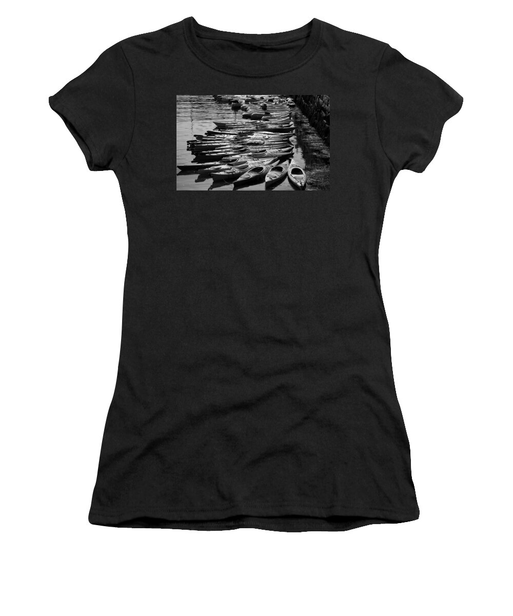 Kayaks Women's T-Shirt featuring the photograph Kayaks at Rockport Black and White by Natalie Rotman Cote