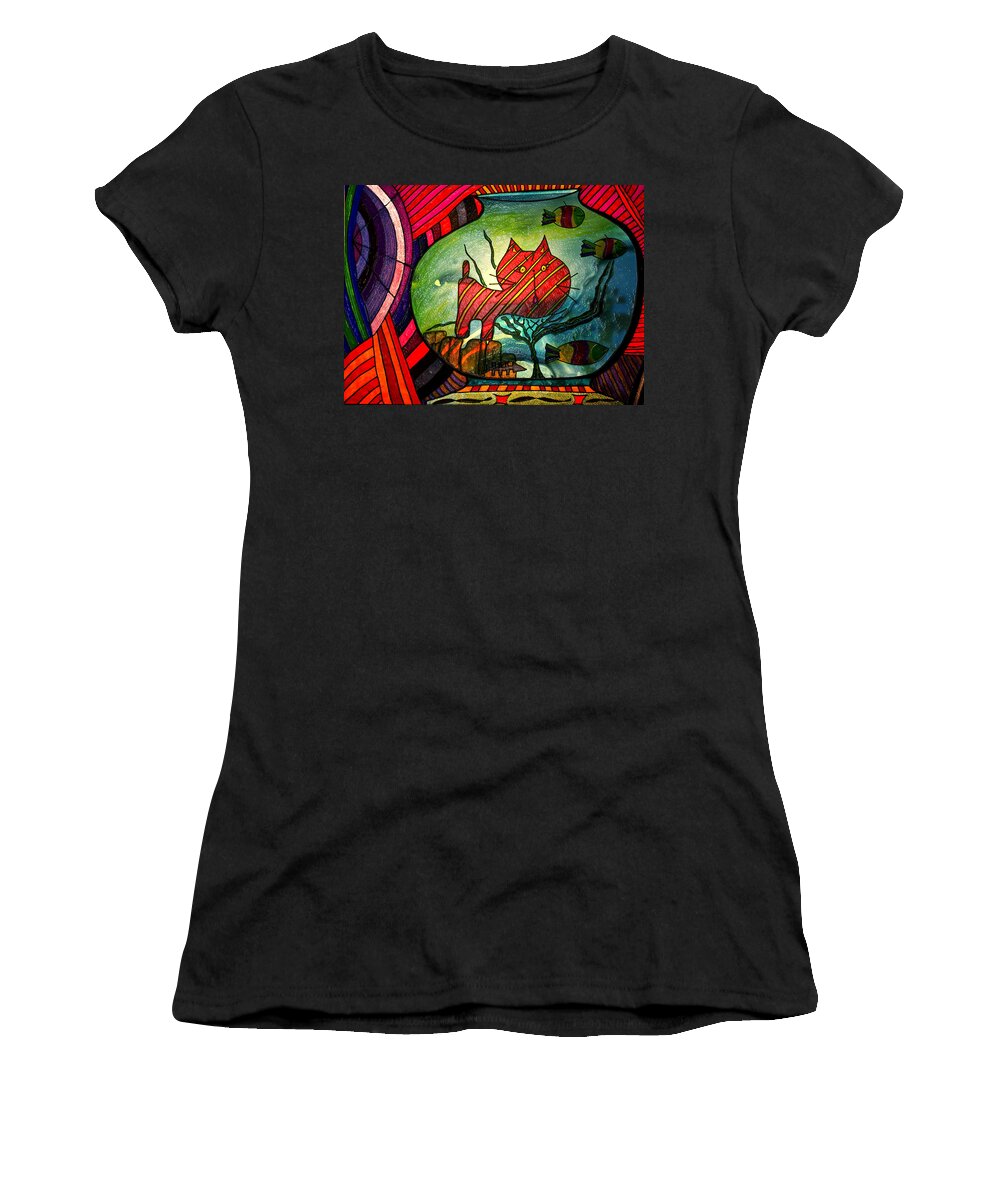 Cat Women's T-Shirt featuring the painting Kitty In A Fish Bowl - Abstract Cat by Marie Jamieson