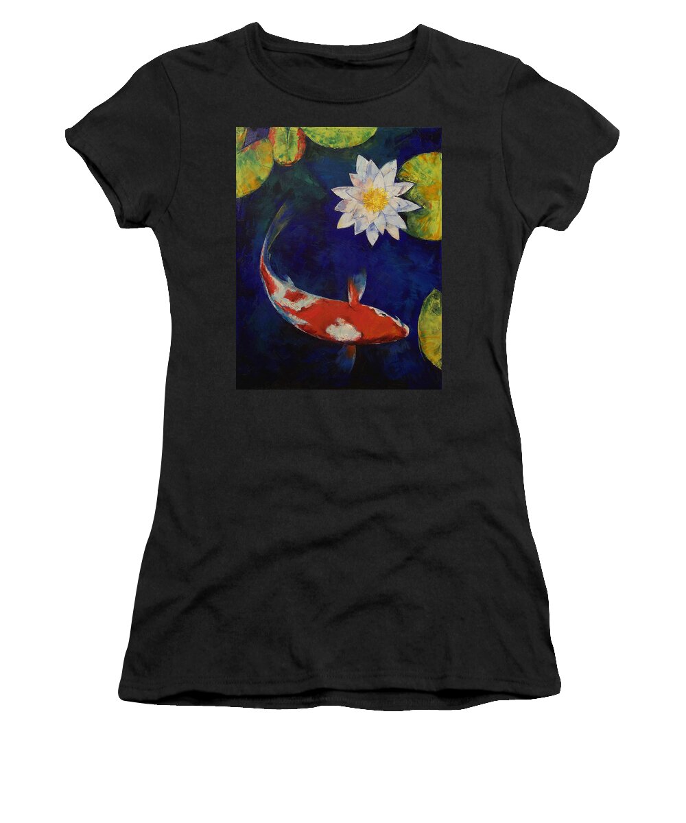 Kohaku Women's T-Shirt featuring the painting Kohaku Koi and Water Lily by Michael Creese