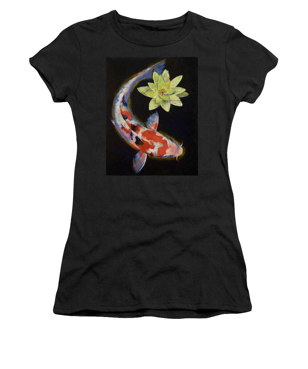 Koi Women's T-Shirt featuring the painting Koi with Yellow Water Lily by Michael Creese