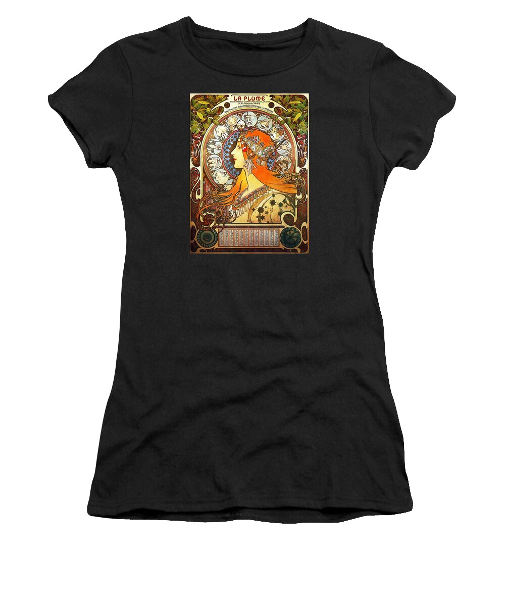 Alphonse Mucha Women's T-Shirt featuring the painting La Plume Zodiac by Alphonse Mucha
