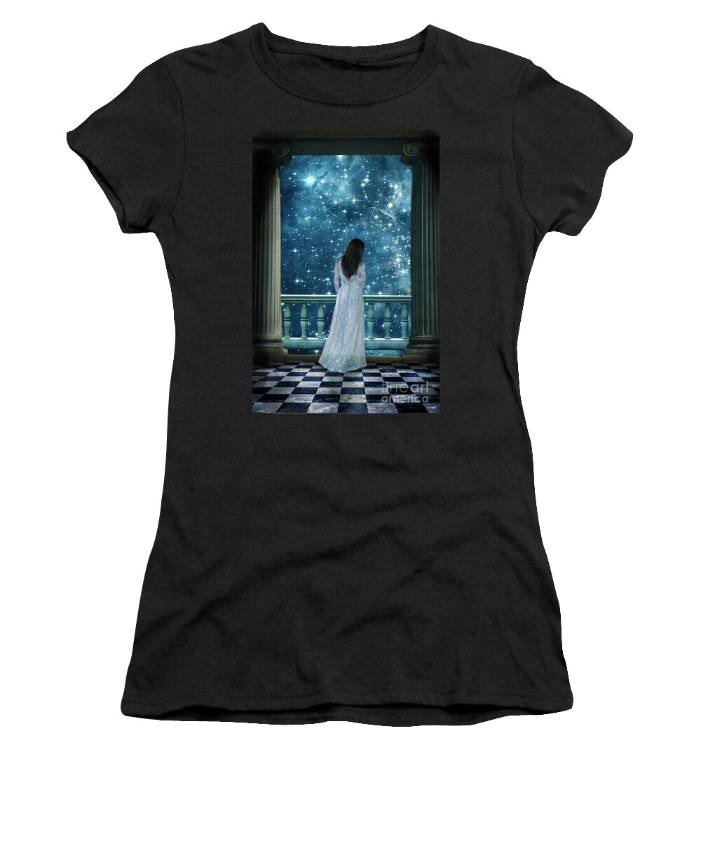 Woman Women's T-Shirt featuring the photograph Lady on Balcony at Night by Jill Battaglia