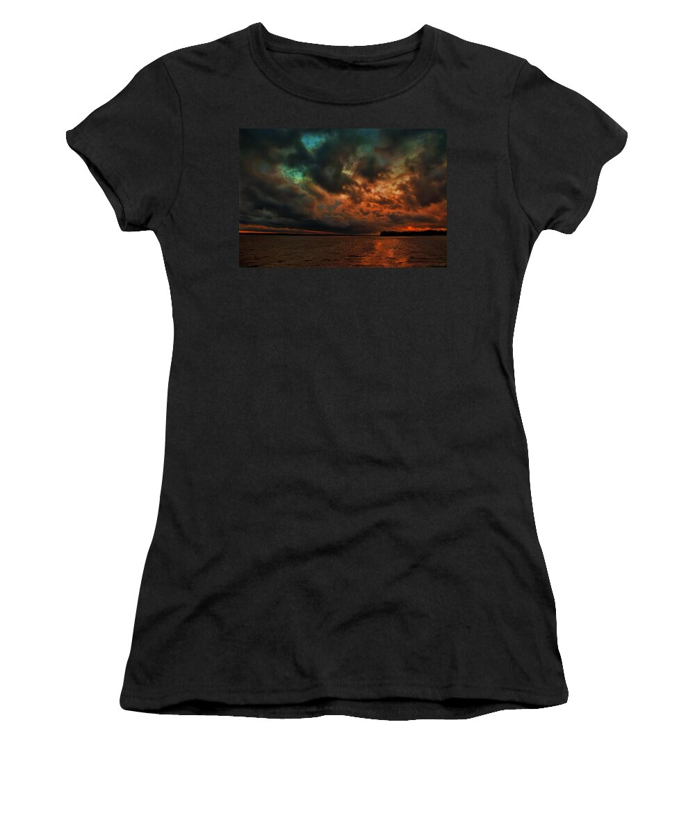 Lake Murray Women's T-Shirt featuring the painting Lake Murray Fire Sky by Steven Richardson
