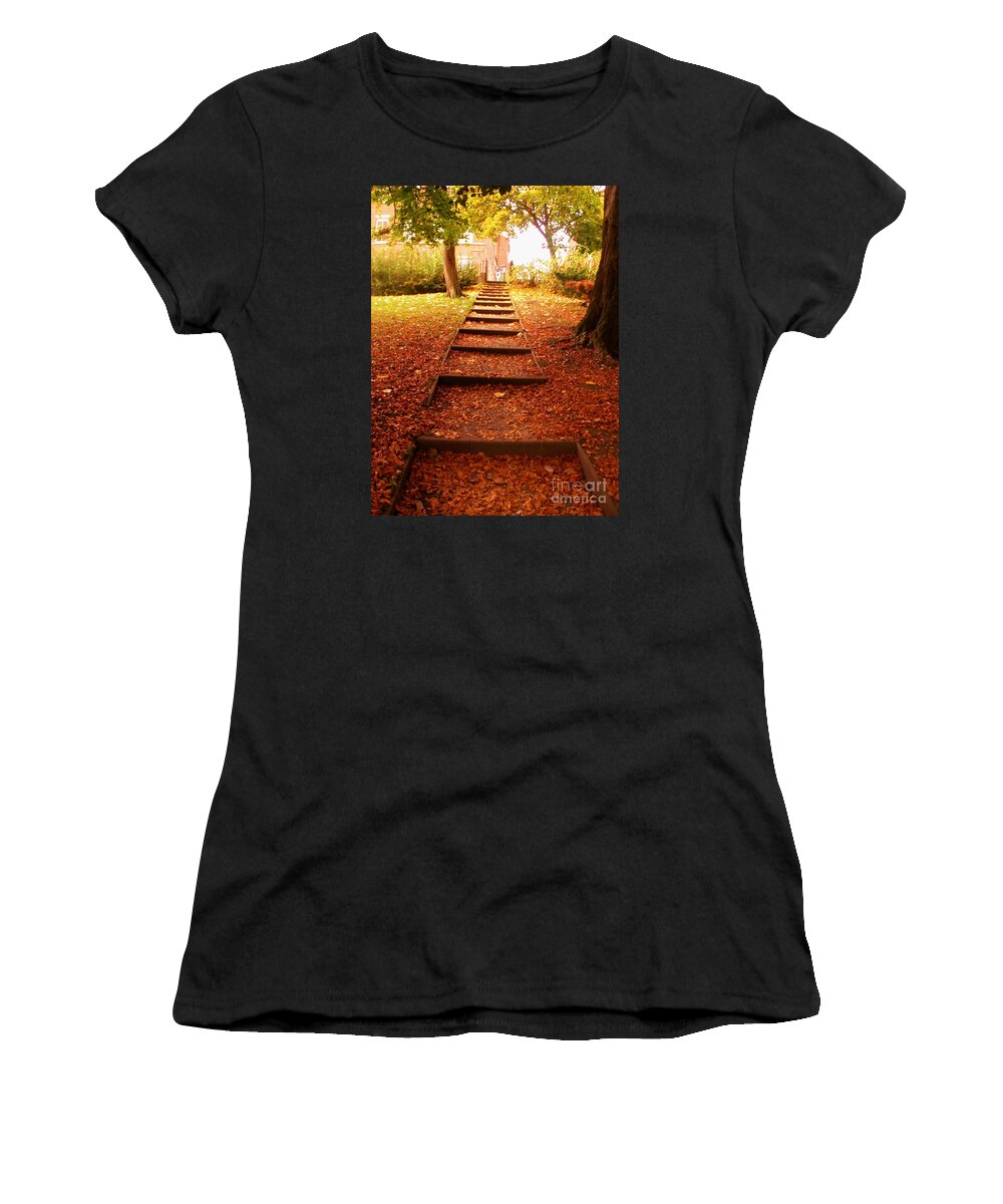 City Women's T-Shirt featuring the photograph Leaves on The Steps at The City Park by Joan-Violet Stretch