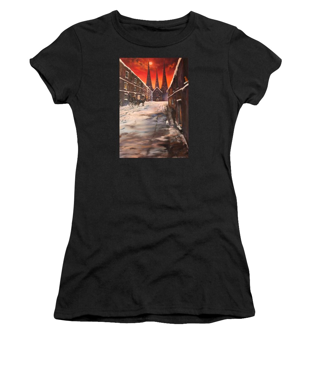 Lichfield Cathedral; Jean Walker Women's T-Shirt featuring the painting Lichfield Cathedral a view from the close by Jean Walker