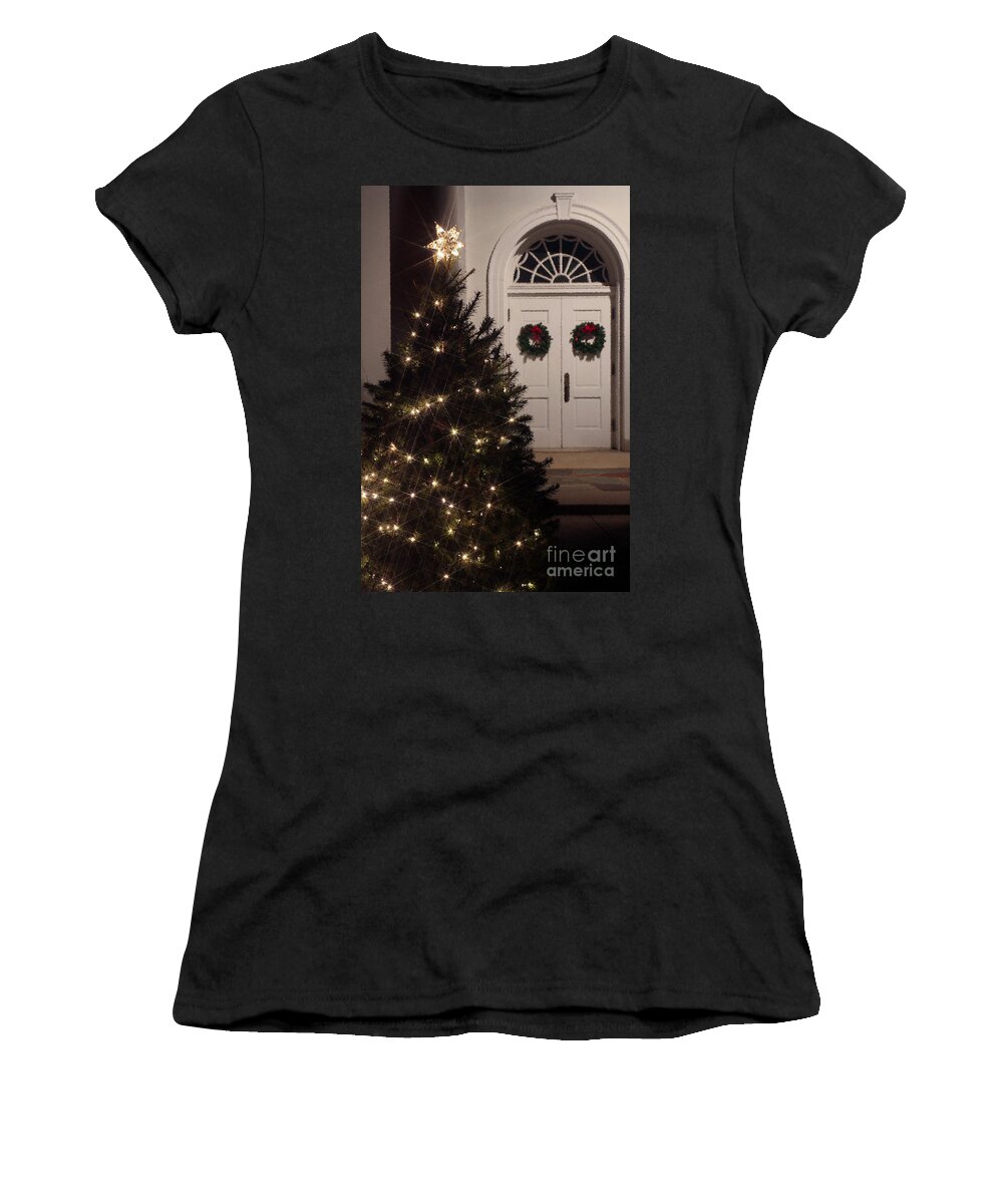 Christian Women's T-Shirt featuring the photograph Lighted Christmas Tree with Church Doors at Night by Karen Lee Ensley
