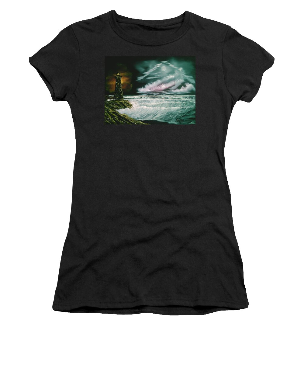 Ocean Women's T-Shirt featuring the painting Lighthouse Glow by Jim Saltis