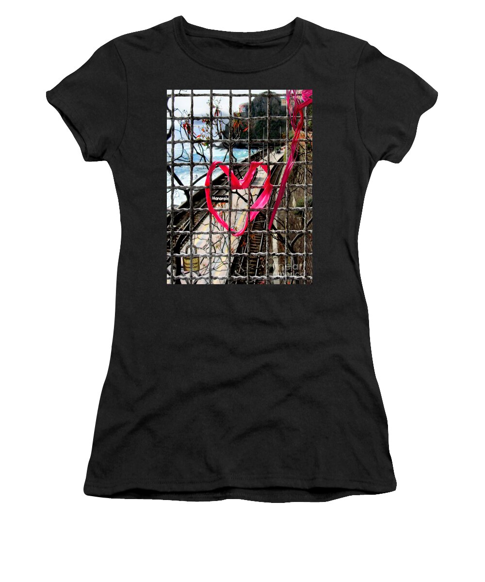 Manarola Women's T-Shirt featuring the photograph Lock and Love.Cinque Terre.Italy by Jennie Breeze
