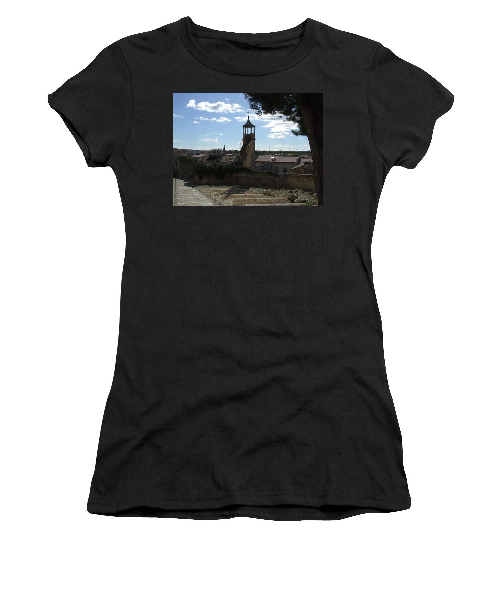French Towns Villages Ancient Buildings Of France Rooftops Skylines Women's T-Shirt featuring the photograph Look Out Tower On The Approach To Beaucaire Castle by Sandra Muirhead