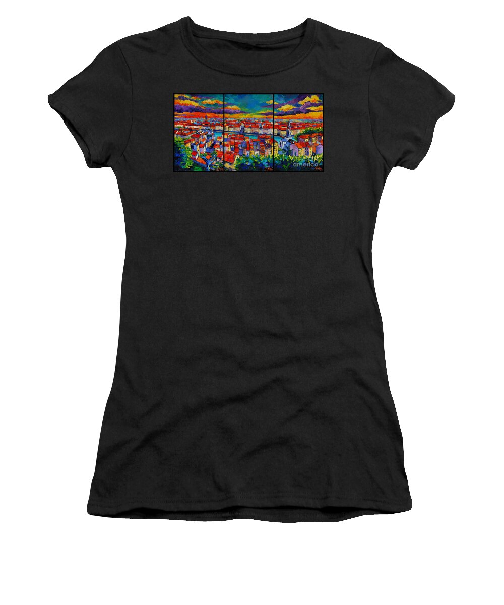 Lyon Panorama Women's T-Shirt featuring the painting Lyon Panorama Triptych by Mona Edulesco