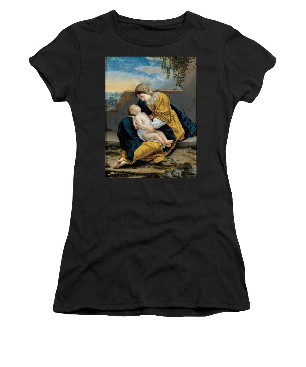 Orazio Gentileschi Women's T-Shirt featuring the painting Madonna and Child in a landscape by Orazio Gentileschi