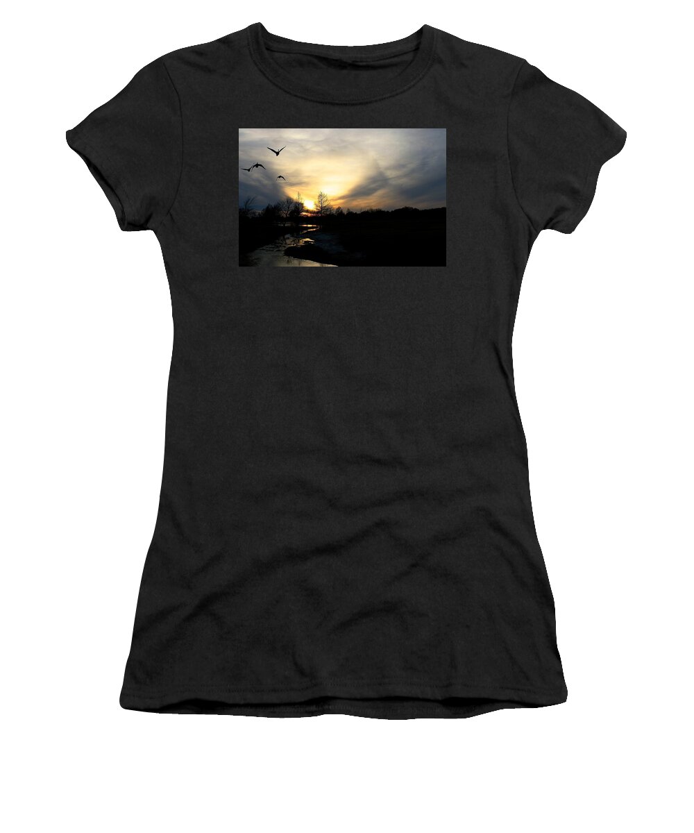 Ducks Women's T-Shirt featuring the photograph Mallards Silhouette at Sunset by Jeff Mize